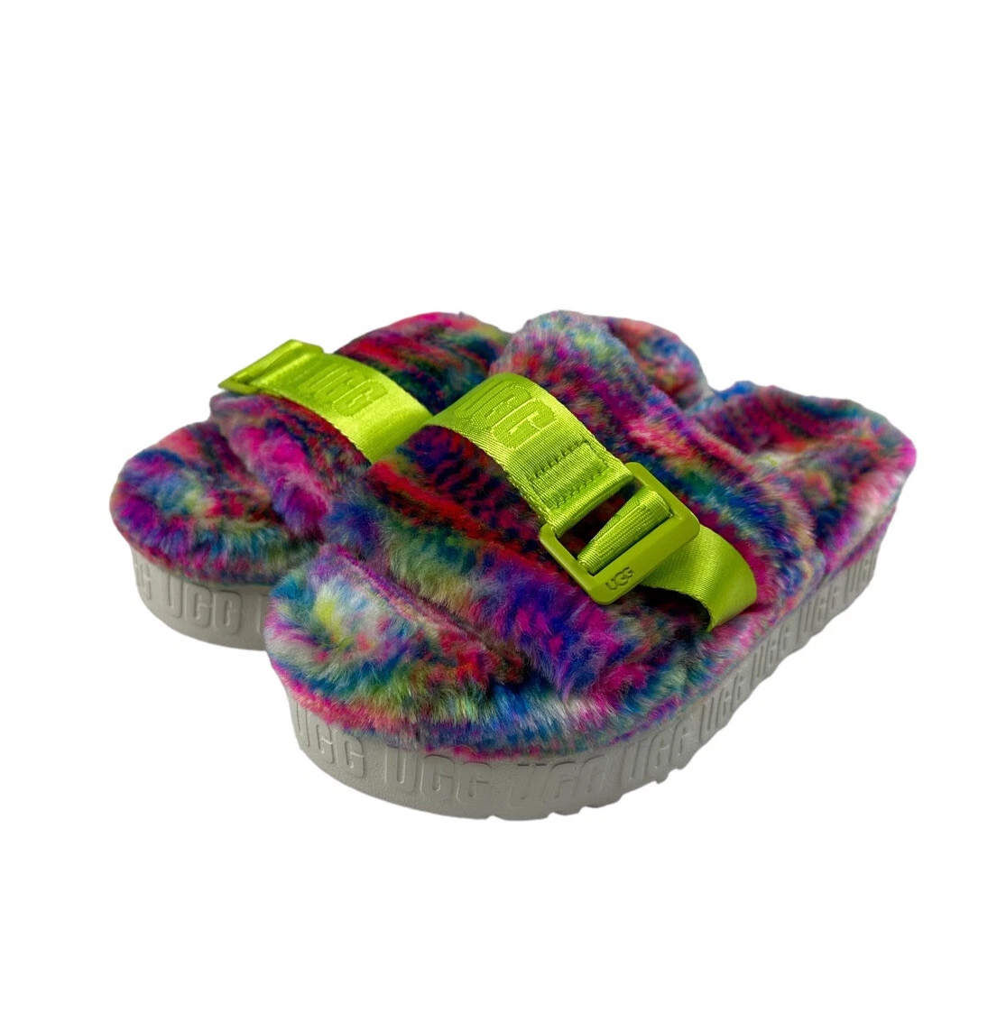 Sandali a forma piatta UGG Fluffita Pixlate donna 7 multi pelliccia finta fluff indossati una volta