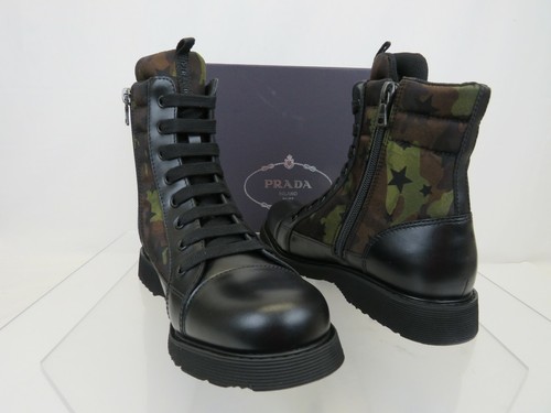 NIB PRADA 0T0782 CAMOUFLAGE GREEN LEATHER CAP TOE LACE UP COMBAT BOOTS 36 US 6 - Picture 4 of 12