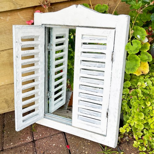 White Shutter Window Mirror Wooden Wall Mount Rustic French Country Louvre Decor - Picture 4 of 4