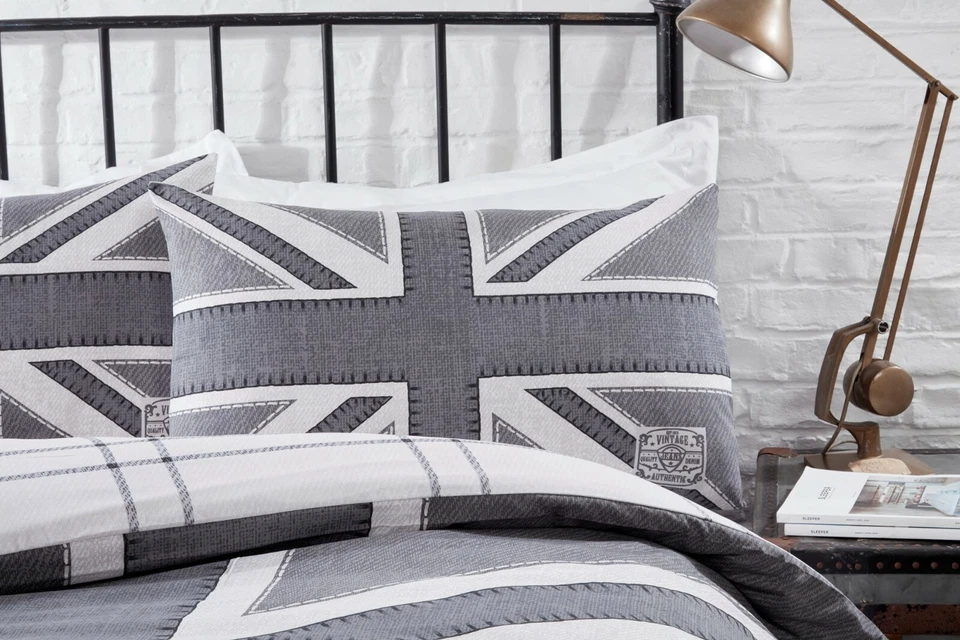 Union Jack Duvet Cover Grey Denim Reversible Printed Quilt Cover Bedding Set - Image 2 of 2