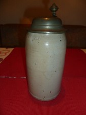 antiker, grauer Masskrug 1L, Keferloher, Steingut, mit Zinndeckel