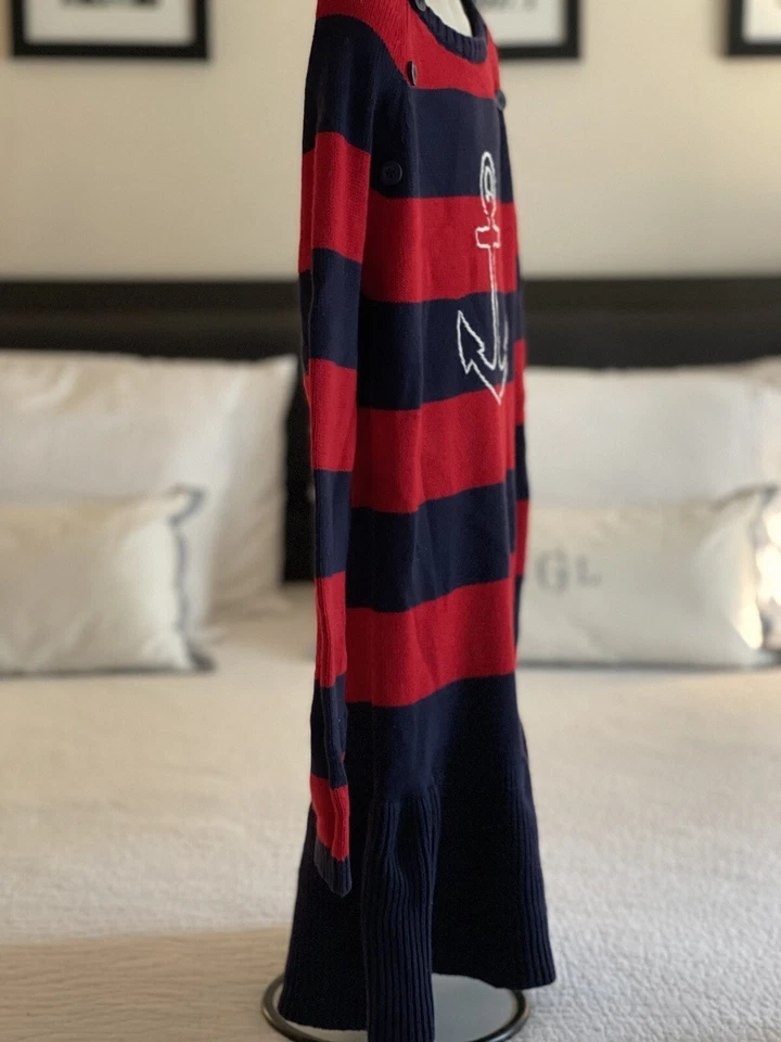 NAUTICA Girls Size 8 Striped Sweater Dress, Red, Navy, White Anchor, EUC - Image 3 of 4