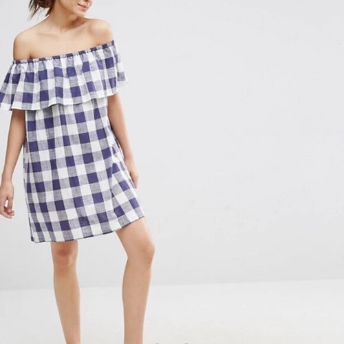 ASOS Blue White Gingham Off The Shoulder Sundress
