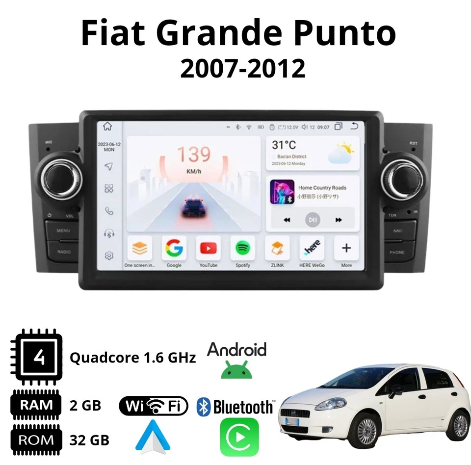 Autoradio 2DIN Android 12 7" GPS CarPlay BT USB Fiat Grande Punto 2005-2018 - Immagine 3 di 4