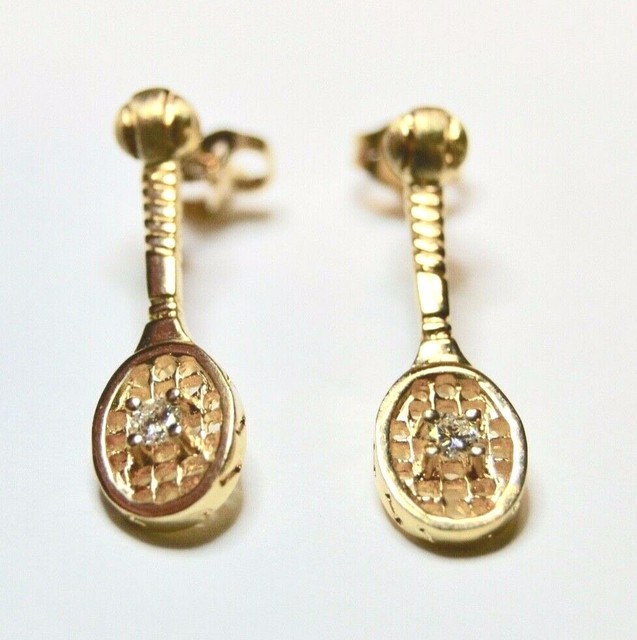 Earrings 14k Gold Tennis Racket Post With Diamond 0.12 0.16 Carat 3.13