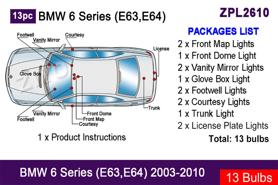 13pcs LED Interior Light Upgrade for BMW 6 Series E63 E64 White Light Bulbs Kit Foto 2 de 4