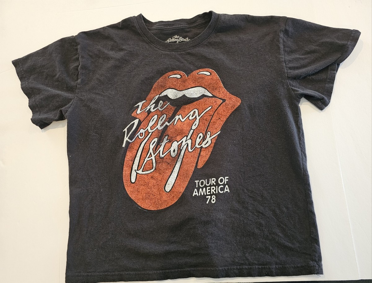 The Rolling Stones Women’s Black Washed Faded Logo T-shirt Tour 78-Size XL