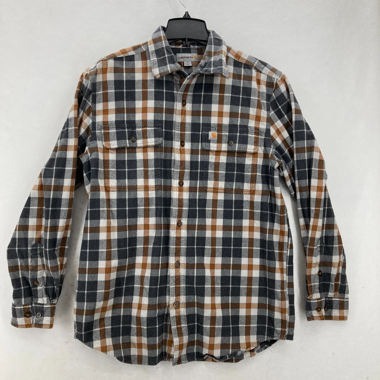 Carhartt Flannel Shirt Mens M Gray Brown Plaid Long Sleeve Rugged Outdoor Camp
