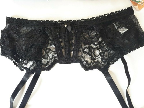 Shirley of Hollywood Size 32 Black Lace Boob-Out Bra Suspender Belt & Thong Set - Picture 11 of 16