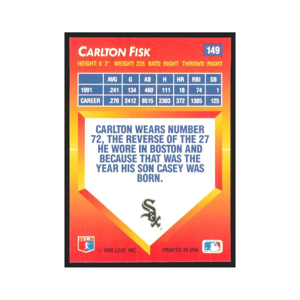 1992 Donruss Triple Play Carlton Fisk White Sox #149 - Image 2 of 3