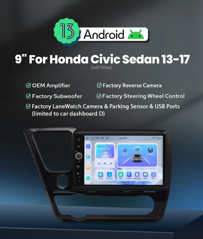 9 inch Plug and Play Android 13 Canbus Stereo Radio for Honda Civic 2013-2017 - Image 2 of 4