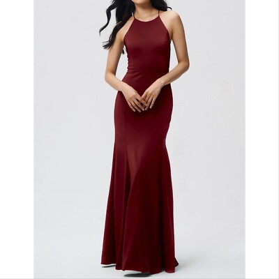 Jenny Yoo Naomi Luxe Crepe Halter Gown, Cranberry, Size 8 | eBay