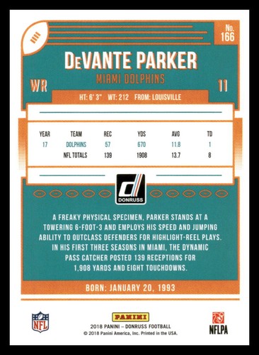 2018 Donruss Football Base # 166 DeVante Parker - Miami Dolphins - Picture 2 of 2