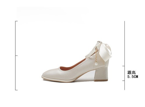 Mujer Puntera Cuadrada Tacones Gruesos Tacones Medianos Zapatos de Boda Nuevos Cinta de Seda Lazo Perla - Imagen 8 de 14