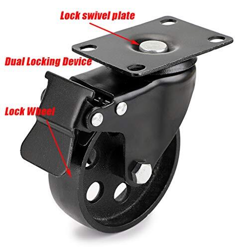 Skelang 4-Pack Cast Iron Swivel Plate Casters With Dual Locking – 420 Lbs Capacity Per Caster, Vintage Style For TV Stand, Coffee Table, Welding Cart (4 Inch Wheel)