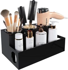 Acrylic Hair Dryer Holder with 3 Cups, Vanity Caddy for Accessories, Makeup