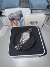Fossil Women's Silver Gold Metal Wristwatch Gem-Set Bezel White Dial Box Manual