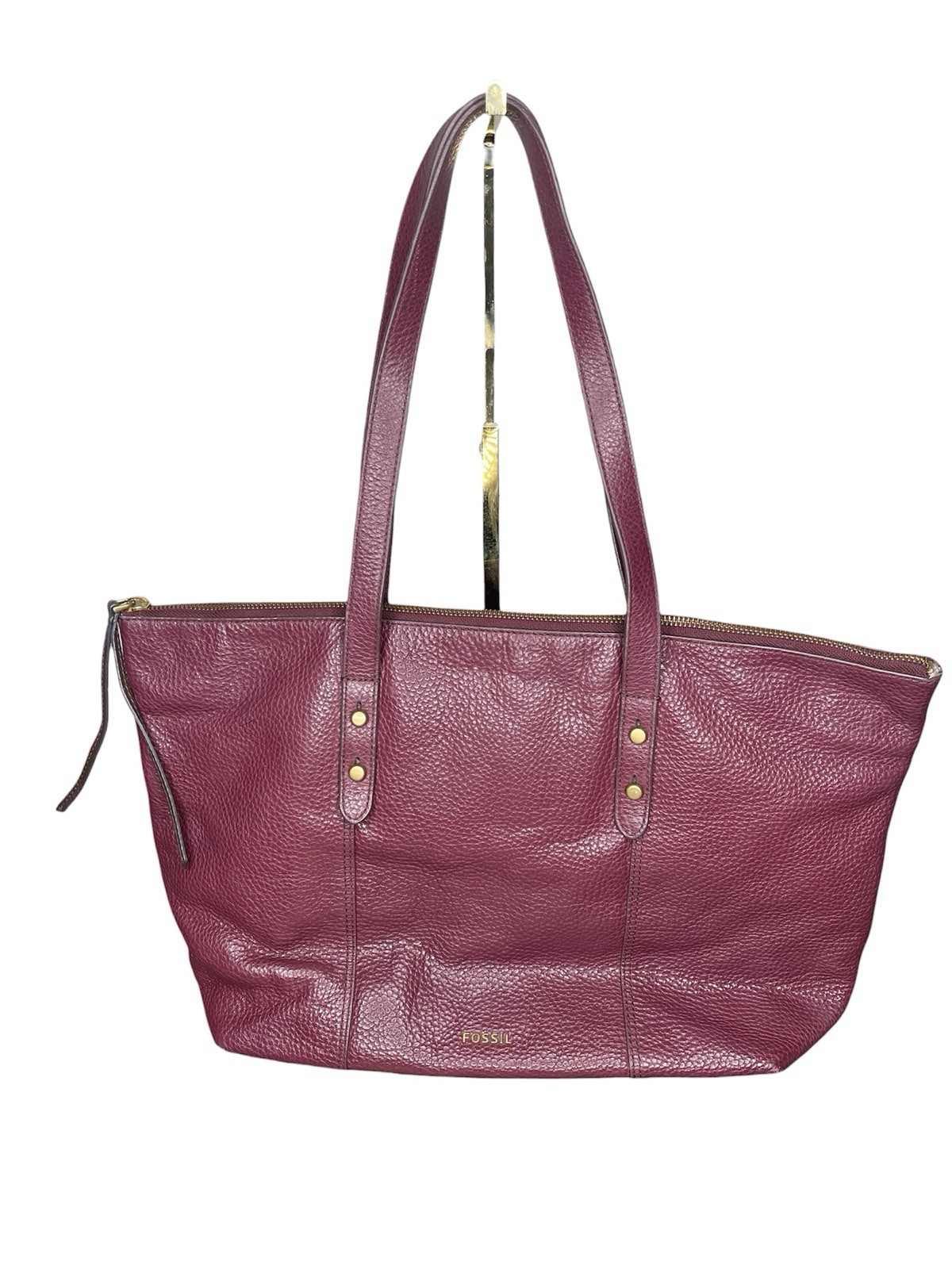 Fossil Pebbled Tote Double Handles, Zip Closure, Inner Pockets Burgundy