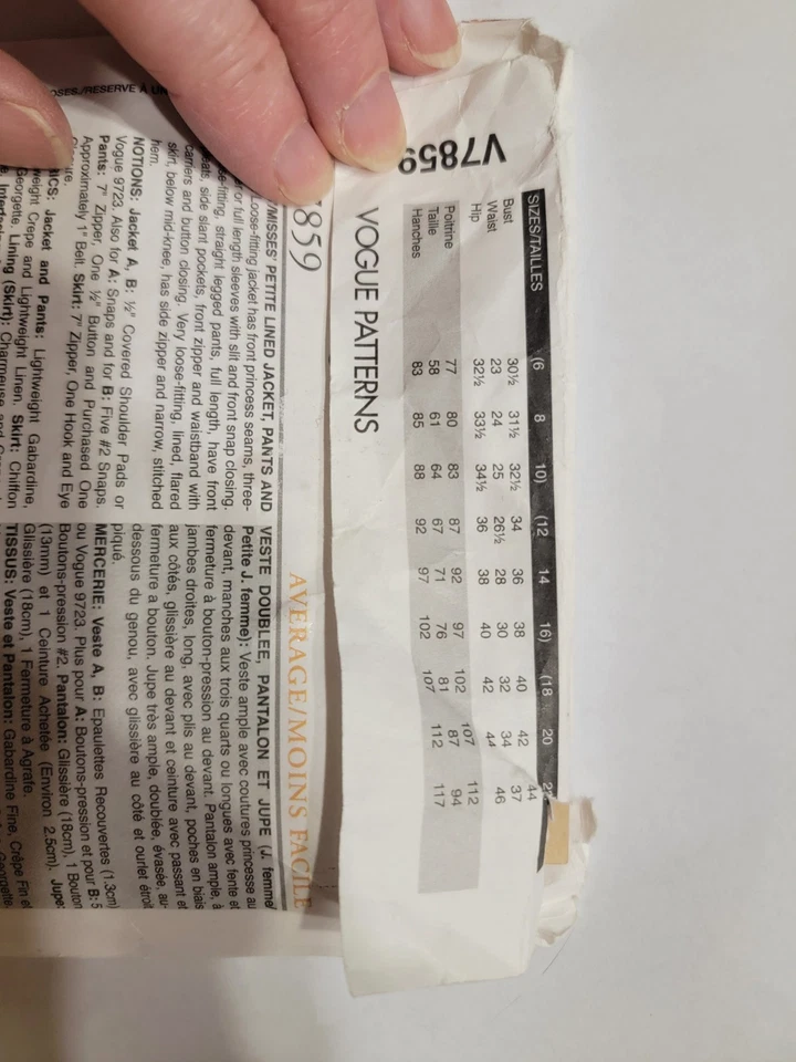 Vogue Sewing Pattern V7859 Lined Jacket, Pants & Skirt. 12-14-16  cut To Sz 16 - Image 3 of 3