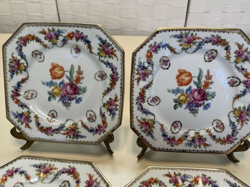 Antique 4 Schumann Bavaria Germany Dresden Floral Gilt Octagon Dessert Plates - Picture 9 of 24