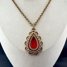 Vintage Avon Necklace Layered Red Glass Filigree Ornate Pendant Gold Tone 18”