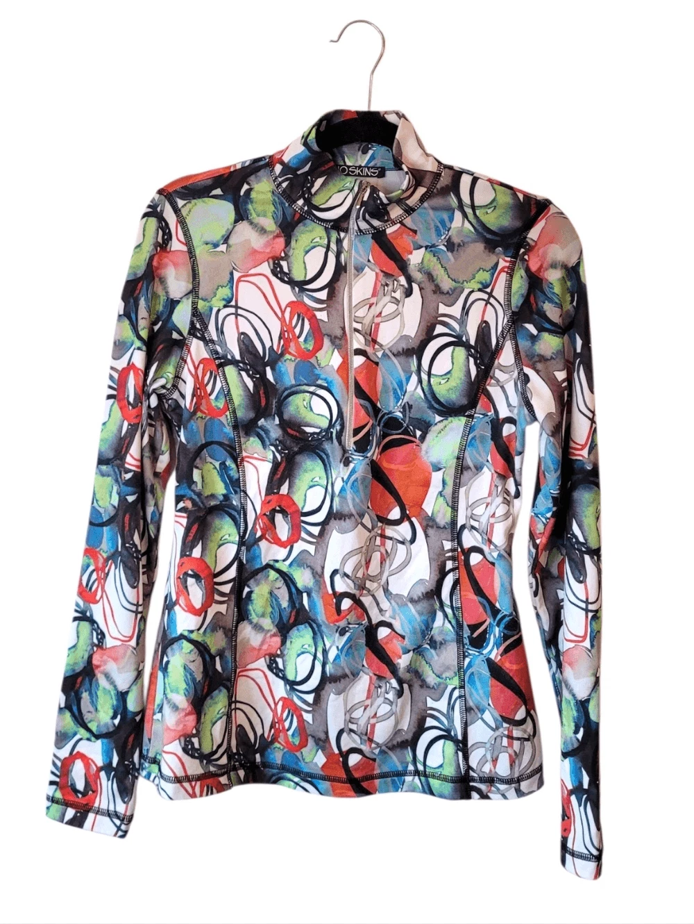 SNO SKINS Multicolor Abstract Zip-Front Mock Neck Base Layer Top Size Size M