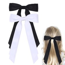 Satin Bow Hair Clips for Women, Silkly Satin Black White Hair Ribbon Bow with