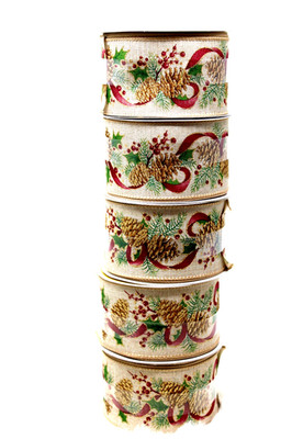 Celebrate It Christmas Ribbon with Gold Glittered Pinecones Lot 6 Spools 150 Ft.