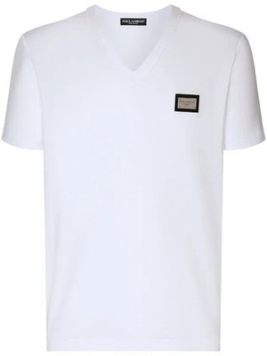 Dolce Gabbana White Logo Plaque Jersey VNeck TShirt Size 50 L