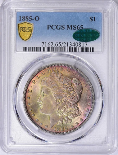 1885 O Morgan Silver Dollar PCGS MS65 CAC Rainbow Toned Double Sided Color