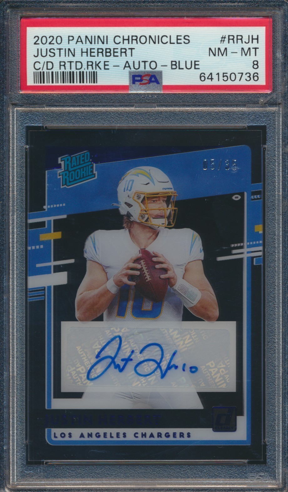 2020 PANINI CHRONICLES #RRJH JUSTIN HERBERT RC AUTO BLUE PSA 8 NM-MT #d 05/35