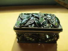 Rhinestone Enameled Trinket Box Green Leaf Motif  2.75"x 1.5 x 1.5"  10.5 oz