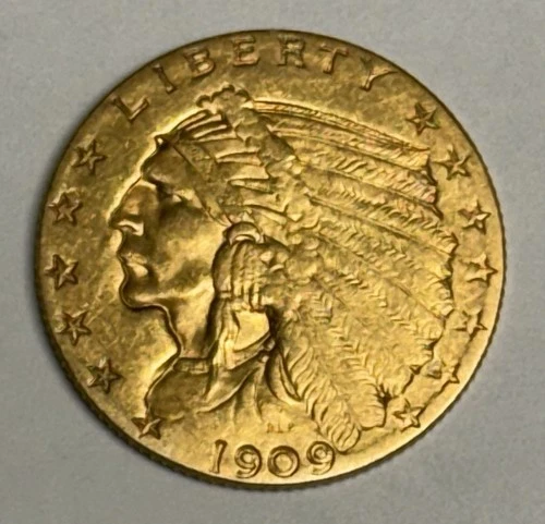 AU 1909 Indian Head Gold Quarter Eagle, $2.50 Problem-Free U.S. Coin Almost UNC