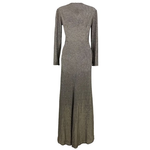 Ieena for Mac Duggal Silver Sequin V-Neck Gown 2 Metallic Twist Front High Slit - Picture 2 of 7