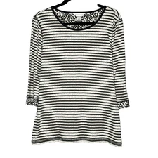 Christopher & Banks Top L Large Shirt Brown Striped 3/4 Sleeve Scoop Neck Cotton