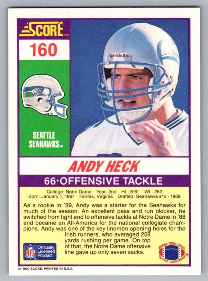 1990 Score Andy Heck Seattle Seahawks #160 - Image 2 of 2