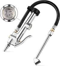 CZC AUTO Tire Inflator Air Pressure Gauge with Rubber Hose, 10-120PSI Silver 