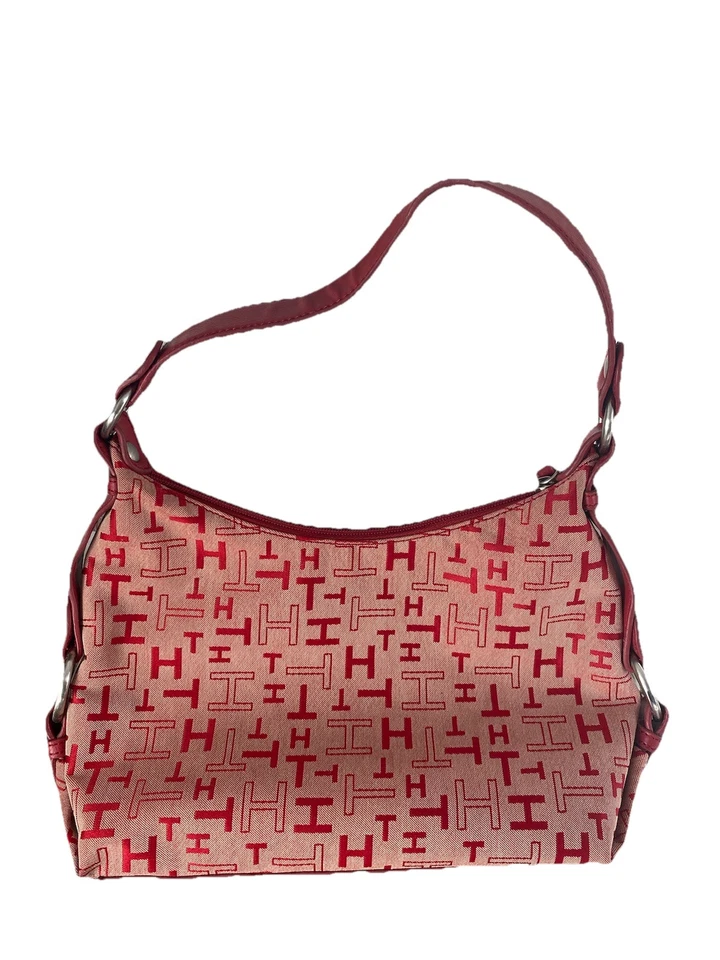 Bolsa/bolsa de ombro vintage Tommy Hilfiger logotipo vermelho couro/lona vermelha 9,5x3,5x7” - Imagem 2 de 4