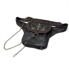 Steampunk Black Brown Belt Pouch w/ Chain, Gear Hardware & Snake Buckle