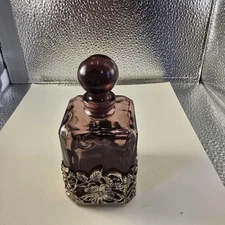 Vintage Amethyst Glass Perfume Bottle w/ Stopper & Silver Tone Floral...