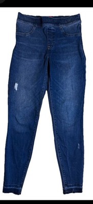 Spanx Jeans Womens Size M Skinny Raw Released Hem Distressed Dark Wash Denim 