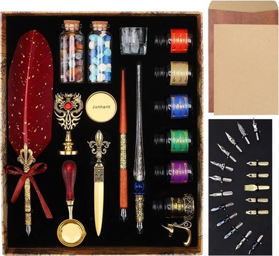 Quill Feather Pen and Ink Set, Calligraphy Pen Glass Dip Pen and Wax Seal Stamp