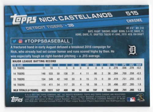 2017 Topps Chrom Saphir Edition Druckauflage 250 Nick Castellanos #515 Detroit - Bild 2 von 2