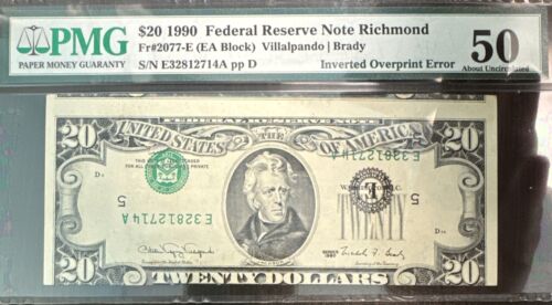 1990 $20 FEDERAL RESERVE NOTE RICHMOND FR#2077-E INVERT OVERPRINT ERROR 50AU PMG