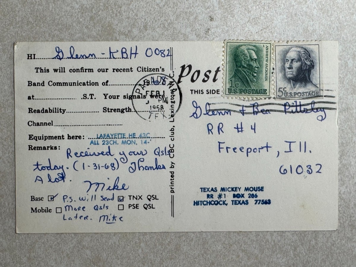 i 1047 Postcard QSL Card Texas Mickey Mouse, Hitchcock, Texas TX