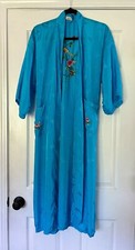 Vintage Teal Golden Bee Embroidered Bird Rayon Robe With Pockets