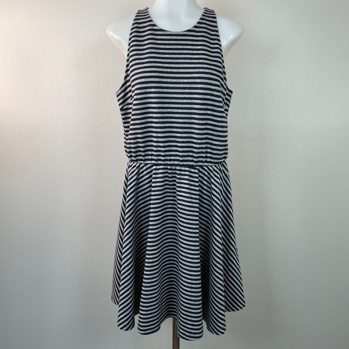 gap skater dress Gap Skater Dress Medium Navy Blue Gray Striped Elastic Waist Sleeveless
