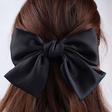 Vintage Bow Hair Barrette Big Bow Hair Clips Headwear Silk Hair Tail Clip Bla...