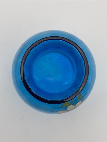 Vintage Blue Glass Vase With Hand Painted Flower Cottagecore Decor - Picture 6 of 8