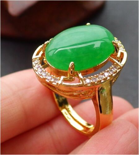 Green Jade Oval Cabochon Imitation Diamond 18KGP Flower Adjustable Size Ring - Picture 1 of 9